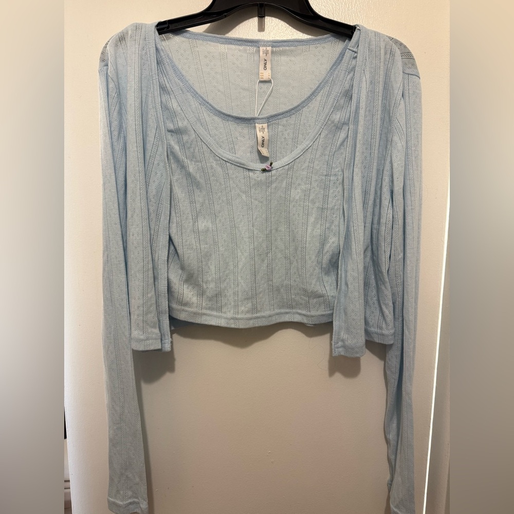 Pointelle Tank & Cropped Cardigan Matching Set in Light Blue — JRS Large